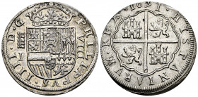 Philip IV (1621-1665). 8 reales. 1651. Segovia. I (Hipólito de Santo Domingo), sobre lo que parece R. (Cal-1592). Ag. 27,30 g. Three fleurs de lis on ...