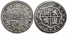 Philip IV (1621-1665). 8 reales. 1635/4. Segovia. R. (Cal-1605). Ag. 26,73 g. 8 to the right, large horizontal aqueduct and R to the left . End of pla...