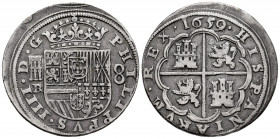 Philip IV (1621-1665). 8 reales. 1659/32. Segovia. BR. (Cal-1617). Ag. 25,75 g. 8 to the right, smaller horizontal aqueduct and assayer to the left. O...