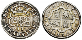 Charles II (1665-1700). 2 reales. 1682. Segovia. M. (Cal-442). Ag. 5,61 g. Beautiful color. Almost XF. Est...250,00. 

Spanish Description: Carlos I...