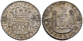 Philip V (1700-1746). 8 reales. 1734. Mexico. MF. (Cal-1466). Ag. 26,90 g. Traces of soldering. Toned. Choice VF. Est...300,00. 

Spanish Descriptio...