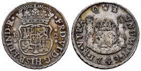 Ferdinand VI (1746-1759). 2 reales. 1749. Mexico. M. (Cal-288). Ag. 6,52 g. Light wavy flan. Toned. VF. Est...150,00. 

Spanish Description: Fernand...