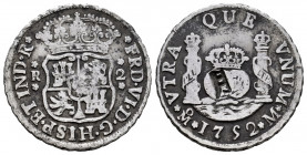Ferdinand VI (1746-1759). 2 reales. 1752. Mexico. M. (Cal-292 var). Ag. 6,56 g. Chop mark. Almost VF. Est...80,00. 

Spanish Description: Fernando V...