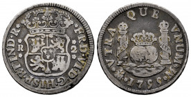 Ferdinand VI (1746-1759). 2 reales. 1755. Mexico. M. (Cal-297). Ag. 6,52 g. Minor nick on edge. Almost VF. Est...100,00. 

Spanish Description: Fern...
