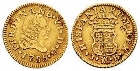 Ferdinand VI (1746-1759). 1/2 escudo. 1755. Madrid. JB. (Cal-558). Au. 1,68 g. 4-lobed counterstamp on obverse. Choice VF. Est...180,00. 

Spanish D...