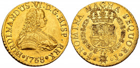 Ferdinand VI (1746-1759). 8 escudos. 1758/7. Santiago. J. (Cal-834). (Cal onza-653). Au. 26,87 g. With some original luster remaining. Overdate. Rare....