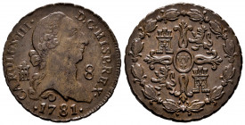 Charles III (1759-1788). 8 maravedis. 1781. Segovia. (Cal-78). Ae. 11,70 g. Scarce in this grade. Almost XF. Est...300,00. 

Spanish Description: Ca...