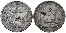 Charles III (1759-1788). 4 reales. 1770. Lima. JM. (Cal-828 var). Ag. 13,19 g. Chop marks. VF. Est...300,00. 

Spanish Description: Carlos III (1759...