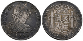 Charles III (1759-1788). 8 reales. 1773. Lima. MJ. (Cal-1037). Ag. 26,85 g. Patina. VF. Est...150,00. 

Spanish Description: Carlos III (1759-1788)....