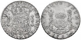 Charles III (1759-1788). 8 reales. 1763. Mexico. MF. (Cal-1086). Ag. 27,01 g. Choice VF. Est...350,00. 

Spanish Description: Carlos III (1759-1788)...