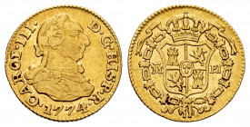 Charles III (1759-1788). 1/2 escudo. 1774. Madrid. PJ. (Cal-1260). Au. 1,71 g. VF. Est...160,00. 

Spanish Description: Carlos III (1759-1788). 1/2 ...