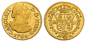 Charles III (1759-1788). 1/2 escudo. 1784. Madrid. JD. (Cal-1277). Au. 1,72 g. VF. Est...160,00. 

Spanish Description: Carlos III (1759-1788). 1/2 ...
