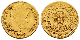 Charles III (1759-1788). 1 escudo. 1780. Sevilla. CF. (Cal-1499). Au. 3,28 g. Almost VF. Est...180,00. 

Spanish Description: Carlos III (1759-1788)...