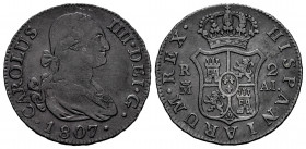 Charles IV (1788-1808). 2 reales. 1807. Madrid. AI. (Cal-617). Ag. 5,72 g. Dark patina. Almost VF/VF. Est...75,00. 

Spanish Description: Carlos IV ...