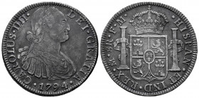 Charles IV (1788-1808). 8 reales. 1794. Mexico. FM. (Cal-956). Ag. 26,54 g. Dark patina. VF. Est...80,00. 

Spanish Description: Carlos IV (1788-180...