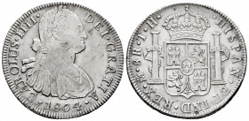 Charles IV (1788-1808). 8 reales. 1804. Mexico. TH. (Cal-980). Ag. 27,03 g. A good sample. Choice VF. Est...180,00. 

Spanish Description: Carlos IV...