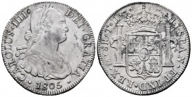 Charles IV (1788-1808). 8 reales. 1805. Mexico. TH. (Cal-984). Ag. 27,02 g. Attractive specimen. Almost XF. Est...300,00. 

Spanish Description: Car...