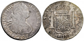 Charles IV (1788-1808). 8 reales. 1806. Mexico. TH. (Cal-984). Ag. 26,78 g. Small planchet flaws on reverse. Beautiful color. Choice VF. Est...200,00....