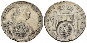 Charles IV (1788-1808). 8 reales. 1805. Potosí. PJ. (Cal-1010). Ag. 26,83 g. Resellos de Minas Gerais para circular como 960 reis. Rara. Choice VF. Es...