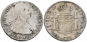 Charles IV (1788-1808). 8 reales. 1796. Santiago. DA. (Cal-1026). Ag. 26,39 g. Heavy rusts cleaned. Rare. Almost VF/VF. Est...400,00. 

Spanish Desc...