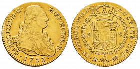 Charles IV (1788-1808). 2 escudos. 1793. Madrid. MF. (Cal-1279). Au. 6,48 g. VF. Est...400,00. 

Spanish Description: Carlos IV (1788-1808). 2 escud...