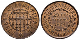 I Republic. 25 milesimas de escudo. 1868. Segovia. (Cal-10). Ae. 6,35 g. Attractive. A good sample. Rare in this condition. AU. Est...900,00. 

Span...