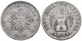 Argentina. 8 reales. 1852. Córdoba. (Km-32). Ag. 26,31 g. Very scarce. VF. Est...250,00. 

Spanish Description: Argentina. 8 reales. 1852. Córdoba. ...