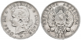 Argentina. 1 peso. 1882. (Km-29). Ag. 25,06 g. Minor nick on edge. Slightly cleaned. Scarce. Choice VF. Est...180,00. 

Spanish Description: Argenti...
