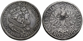 Austria. Leopold V. Double thaler. (1626). Hall. (Km-3805). (Dav-3331). Anv.: Conjoined, crowned, and collared busts of Archduke Leopold V and Claudia...