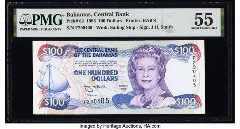 Bahamas Central Bank 100 Dollars 1996 Pick 62 PMG About Uncirculated 55. Stamp i...