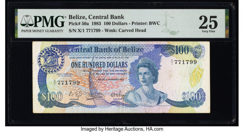 Belize Central Bank 100 Dollars 1.11.1983 Pick 50a PMG Very Fine 25. 

HID098012...