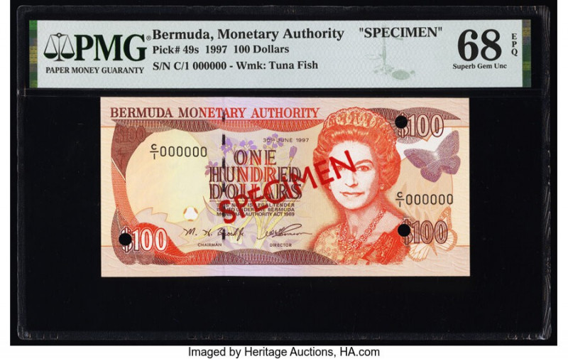 Bermuda Monetary Authority 100 Dollars 30.6.1997 Pick 49s Specimen PMG Superb Ge...