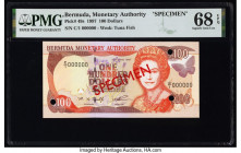Bermuda Monetary Authority 100 Dollars 30.6.1997 Pick 49s Specimen PMG Superb Gem Unc 68 EPQ. Red Specimen overprints and three POCs are present on th...