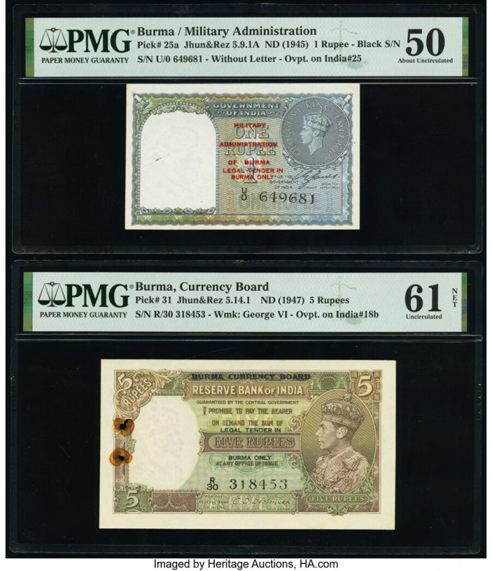 Burma Military Administration 1; 5 Rupees ND (1945); (1947) Pick 25a; 31 Two Exa...