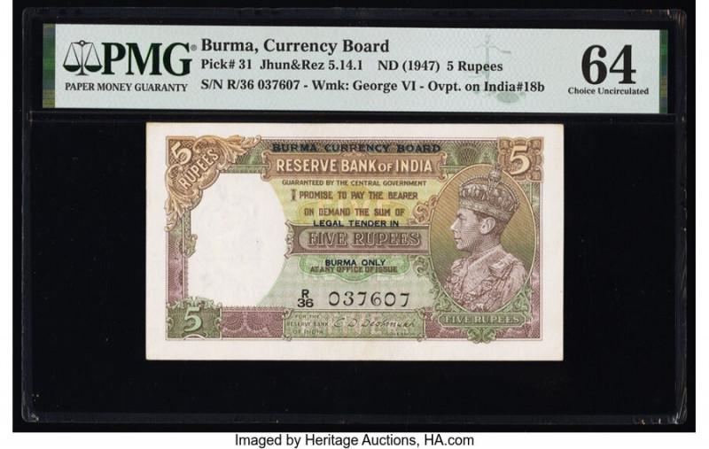 Burma Currency Board 5 Rupees ND (1947) Pick 31 Jhun5.14.1 PMG Choice Uncirculat...