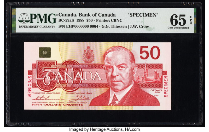 Canada Bank of Canada $50 1988 BC-59aS Specimen PMG Gem Uncirculated 65 EPQ. Red...