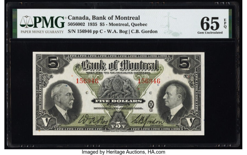 Canada Montreal, PQ- Bank of Montreal $5 2.1.1935 Ch.# 505-60-02 PMG Gem Uncircu...