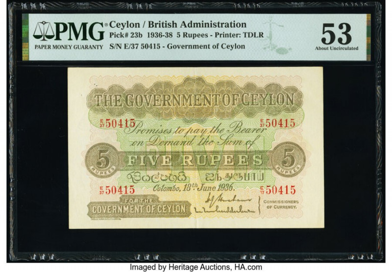 Ceylon Government of Ceylon 5 Rupees 18.6.1936 Pick 23b PMG About Uncirculated 5...