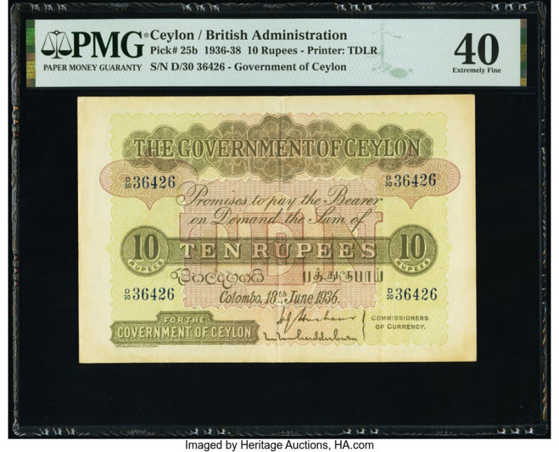 Ceylon Government of Ceylon 10 Rupees 18.6.1936 Pick 25b PMG Extremely Fine 40. ...