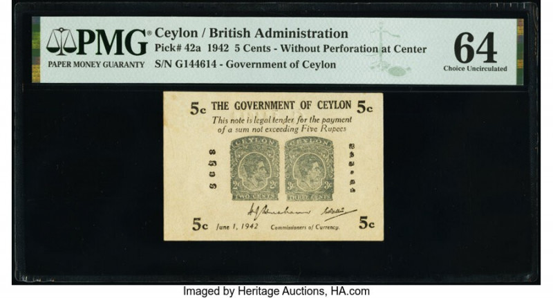 Ceylon Government of Ceylon 5 Cents 1.6.1942 Pick 42a PMG Choice Uncirculated 64...