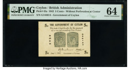 Ceylon Government of Ceylon 5 Cents 1.6.1942 Pick 42a PMG Choice Uncirculated 64. This is one of a consecutive pair offered in this auction. 

HID0980...