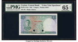 Ceylon Central Bank of Ceylon 1 Rupee 20.1.1951 Pick 47cts Color Trial Specimen PMG Gem Uncirculated 65 EPQ. Red Specimen overprints and two POCs are ...