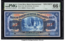 Costa Rica Banco Internacional de Costa Rica 10 Colones ND (1919-32) Pick 175s Specimen PMG Gem Uncirculated 66 EPQ. Red Specimen overprints and two P...