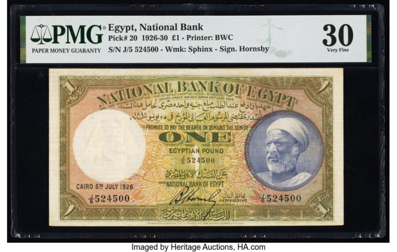 Egypt National Bank of Egypt 1 Pound 5.7.1926 Pick 20 PMG Very Fine 30. 

HID098...