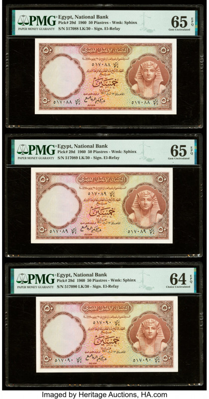 Egypt National Bank of Egypt 50 Piastres 1960 Pick 29d Three Consecutive Example...