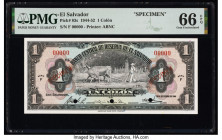 El Salvador Banco Central de Reserva de El Salvador 1 Colon 26.9.1944 Pick 83s Specimen PMG Gem Uncirculated 66 EPQ. Red Specimen overprints and three...