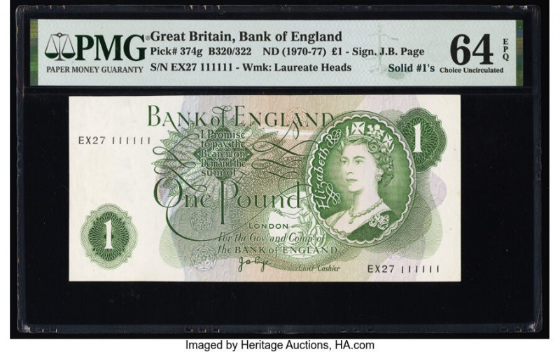 Solid Serial Number 111111 Great Britain Bank of England 1 Pound ND (1970-77) Pi...