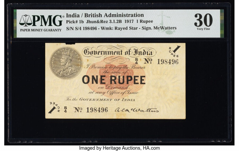 India Government of India 1 Rupee 1917 Pick 1b Jhun3.1.2B PMG Very Fine 30. Piec...