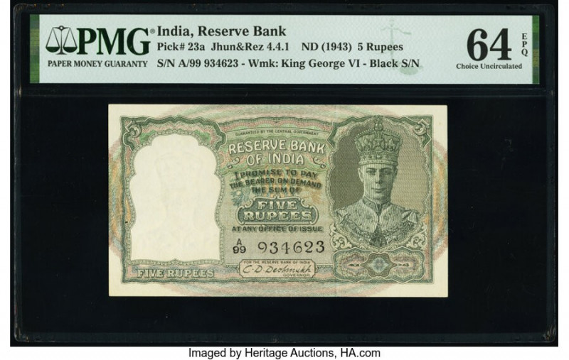 India Reserve Bank of India 5 Rupees ND (1943) Pick 23a Jhun4.4.1 PMG Choice Unc...
