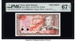 Iran Bank Markazi 20 Rials ND (1974-79) Pick 100a2s Specimen PMG Superb Gem Unc 67 EPQ. Red Specimen & TDLR overprints and two POCs are present on thi...